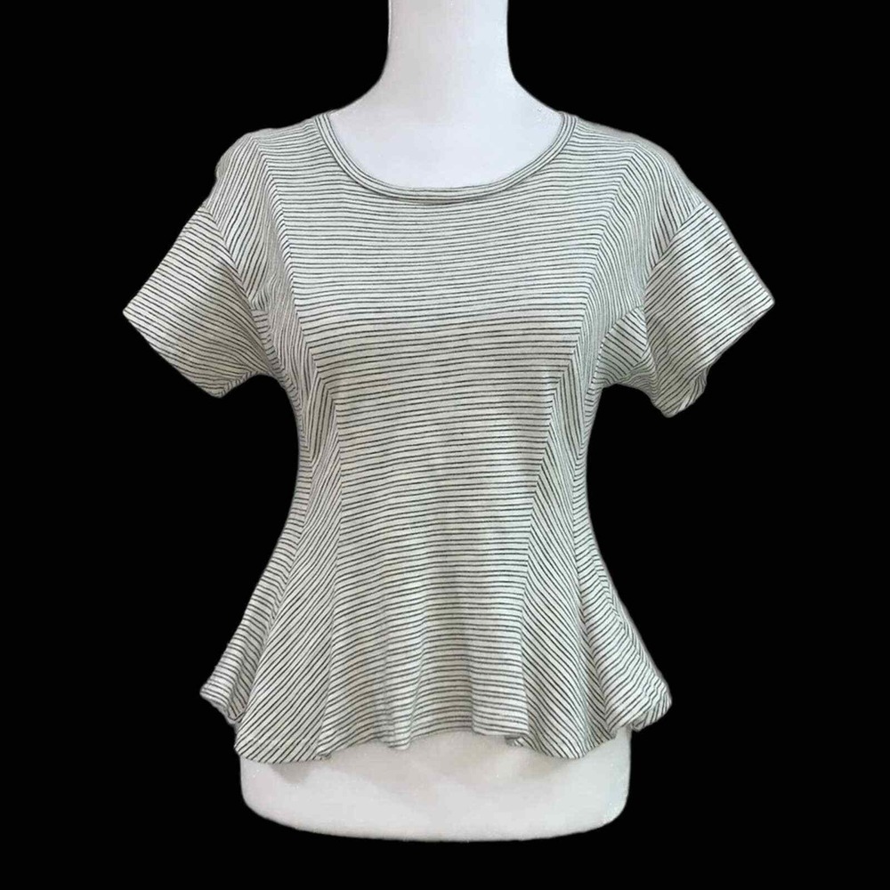 Lush Peplum Top Womens Small Grey White Striped Short Sleeve Crew Neck Shirt